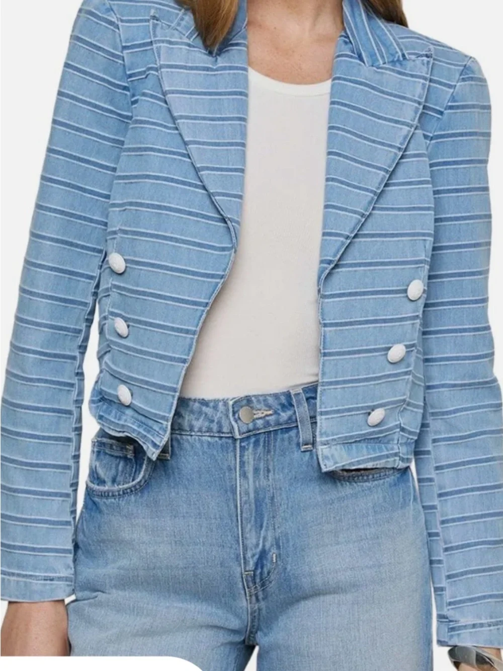 New L'AGENCE Blue Striped Cropped Double-Breasted Jacket Blazer
